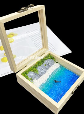 DIY自制海洋生态微景观材料包 微缩木盒鲸鱼大海模型手工材料教程