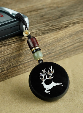 黑檀木镶嵌螺钿工艺品一鹿平安汽车挂饰女鹿鹿平安吊坠钥匙扣挂件