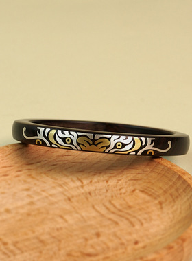 黑檀木镶银老虎手镯紫光檀镶嵌山尊国风木镯手环饰品手环圈口定制