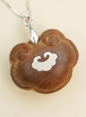 原创设计老山檀香木镶银如意锁项坠檀木镶嵌国风如意S925项链定制