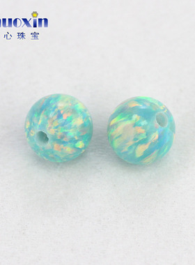 圆珠半孔薄荷绿色欧泊石欧珀裸石 球形打孔珠子人造合成澳宝OP03