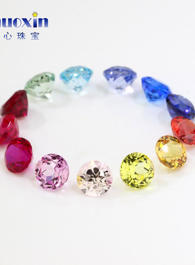 圆形培育彩宝裸石组合 实验室提拉法合成红蓝宝石戒面尖底刻面