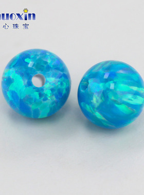 全孔圆珠蓝色欧泊石欧珀裸石 球形打孔珠子人造合成澳宝通孔OP73