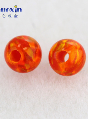 全孔圆珠深橘红色欧泊石欧珀裸石 球形打孔珠子合成澳宝通孔OP31