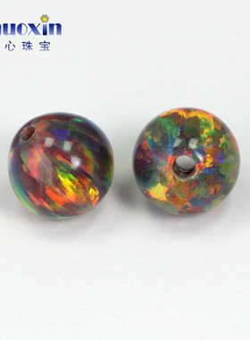 全孔圆珠橙红色欧泊石欧珀裸石球形打孔珠子人造合成澳宝通孔OP15