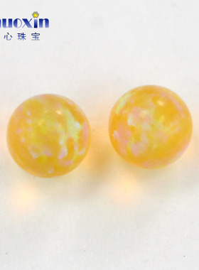 圆珠透黄色绿彩欧泊石欧珀裸石 球形珠子合成澳宝光珠无孔#16C