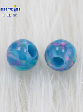 全孔圆珠湖蓝色红炫彩欧泊石欧珀裸石 球形珠子合成澳宝通孔 OP01