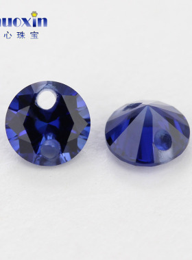 双孔圆形34#蓝刚玉戒面裸石尖底 打洞人造合成蓝宝石镶首饰品裸钻