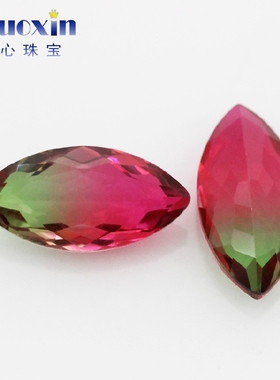 马眼渐变色西瓜碧玺玻璃戒面裸石 树叶形红绿双色宝石配饰钻BX05
