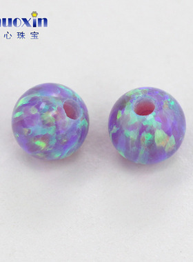 圆珠半孔紫色绿彩欧泊石欧珀裸石 球形打孔珠子人造合成澳宝OP40