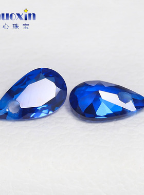单孔113#蓝尖晶石梨形尖底裸石 合成蓝宝石水滴形吊坠打孔钻diy