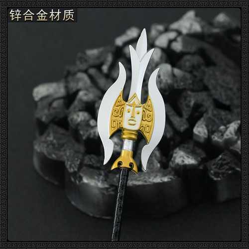 2012版隋唐演义影视宇文成都凤翅镏金镗金属模型合金摆件玩具22cm - 图2