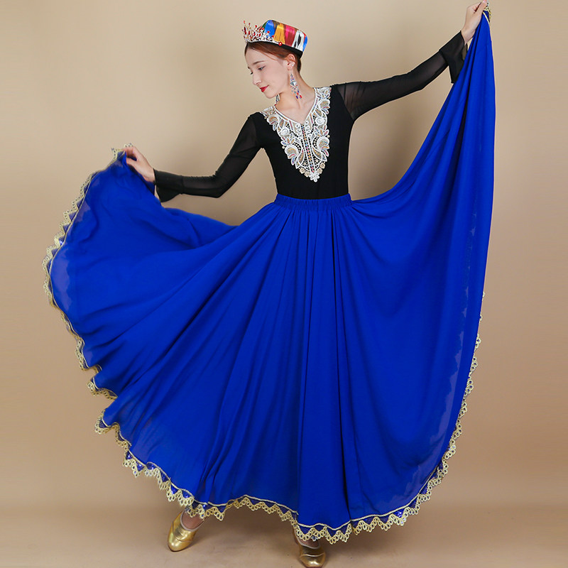 新疆舞蹈演出服720大摆金边半身裙民族舞蹈夏季款舞裙维族舞服装 - 图2