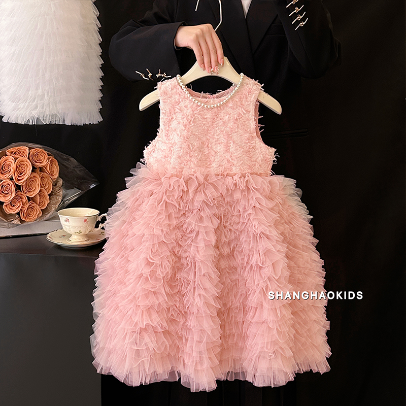 女童连衣裙秋冬款小女孩高级感生日公主裙洋气儿童粉色礼服蓬蓬裙 - 图0