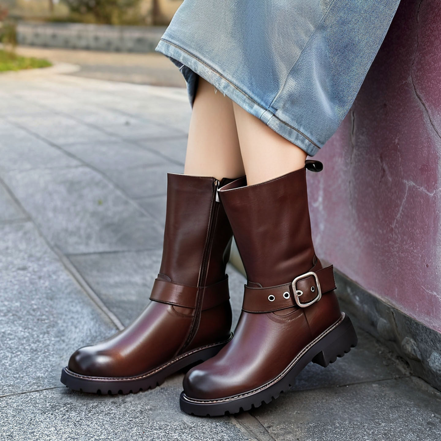 轻奢高端质感头层牛皮中筒靴女欧美范皮带扣中跟粗跟西部骑士靴潮,淘宝优惠券,粉丝福利购,淘宝优惠卷