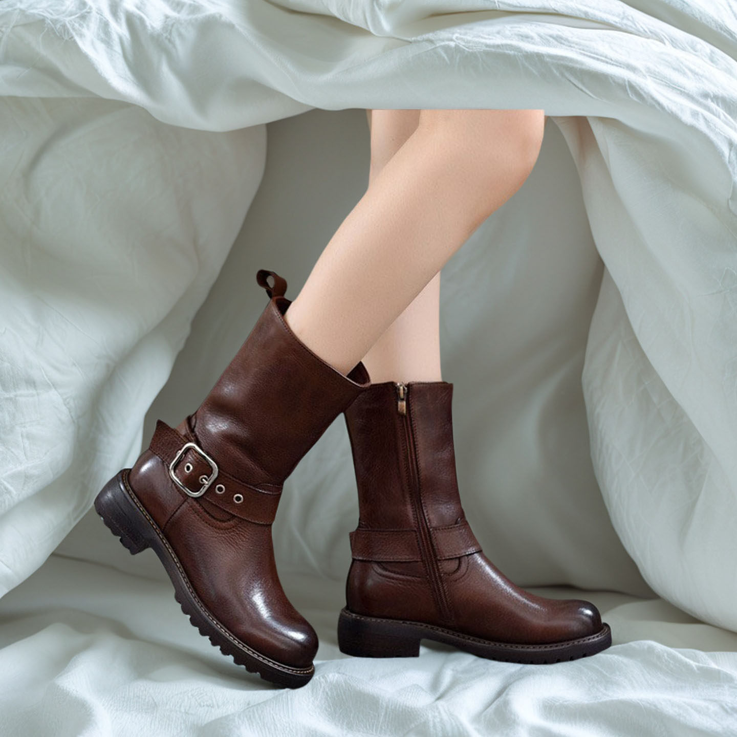 轻奢高端质感头层牛皮中筒靴女欧美范皮带扣中跟粗跟西部骑士靴潮,淘宝优惠券,粉丝福利购,淘宝优惠卷