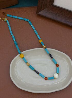 新款法式绿松石撞色不规则天然石珍珠项链洋气小众简约气质锁骨链