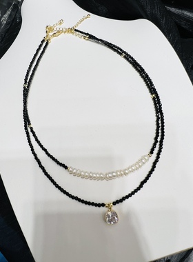 黑色系珍珠水晶项链两件套韩国小众百搭颈链锁骨链简约冷淡风项饰