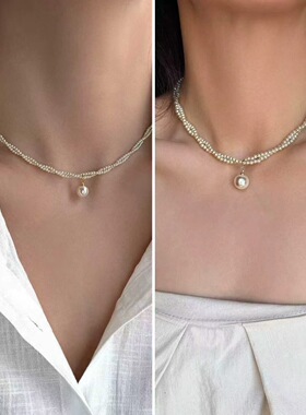 法式复古双层缠绕大珍珠吊坠项链时髦轻奢小众高级气质百搭锁骨链
