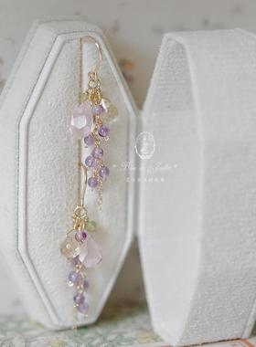 紫藤绝美紫水晶粉晶耳环包金小众