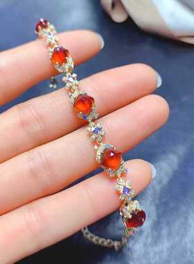 925银镶嵌天然石榴石手链女欧美轻奢高级感方形糖塔多粒宝石手饰