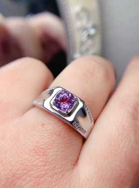 简单款天然紫水晶男戒s925银精工镶嵌圆形水晶活口戒指日常百搭款