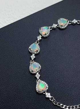 彩宝首饰天然欧泊手链925银镶嵌刻面心形欧泊火彩好围钻款百搭女