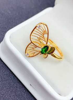 新款戒指s925银镶嵌天然橄榄石透辉石马眼形蝴蝶款活口女士戒指