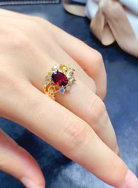 豪华繁花款戒指s925银镶嵌天然石榴石椭圆6*8活口女食指戒