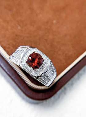 新款男戒天然石榴石圆形宽版男款活口戒s925银精工镶嵌日常百搭款