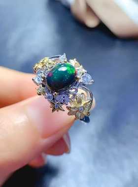 豪华繁花款戒指s925银镶嵌变彩黑欧泊活口女食指戒银镀双色款个性