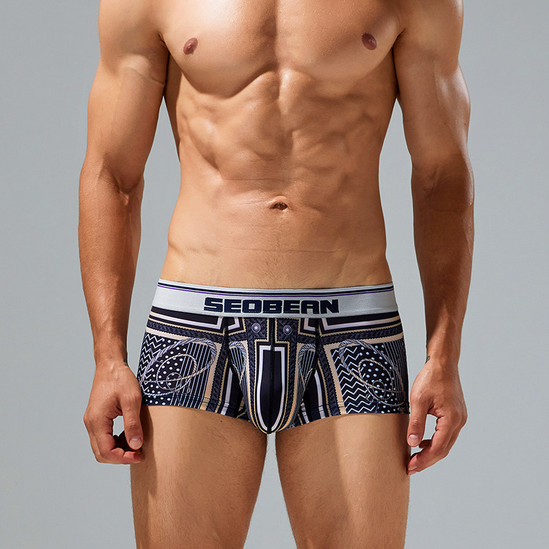 实拍4色SEOBEAN/希宾男士内衣印花透气平角内裤学生四角清爽裤头