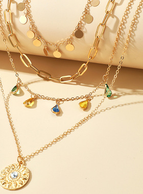 Geometric Disc Tassel Necklace Alloy Layered Pendant Necklac