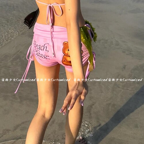 纯欲风粉色小熊甜辣性感平角绑带比基尼可爱学生小胸海边度假泳装 - 图2