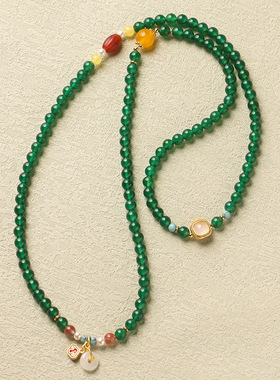 正品国风天然绿玛瑙108颗佛珠度母绿复古多圈手链盘玩手串女项链