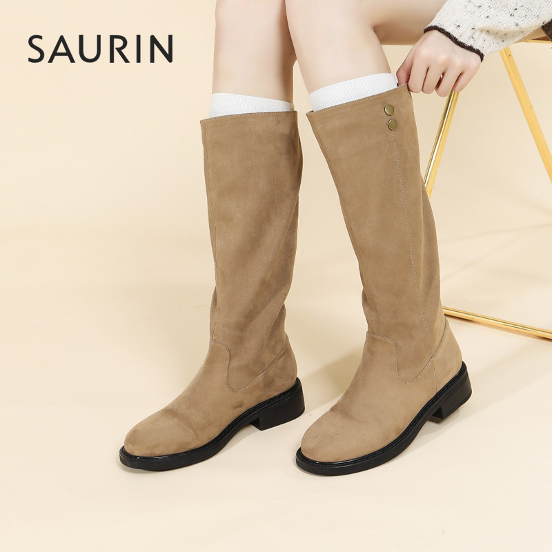 索兰骑士靴女2024冬季新款复古英伦时尚绒面粗跟长筒靴24DT31560,淘宝优惠券,粉丝福利购,淘宝优惠卷