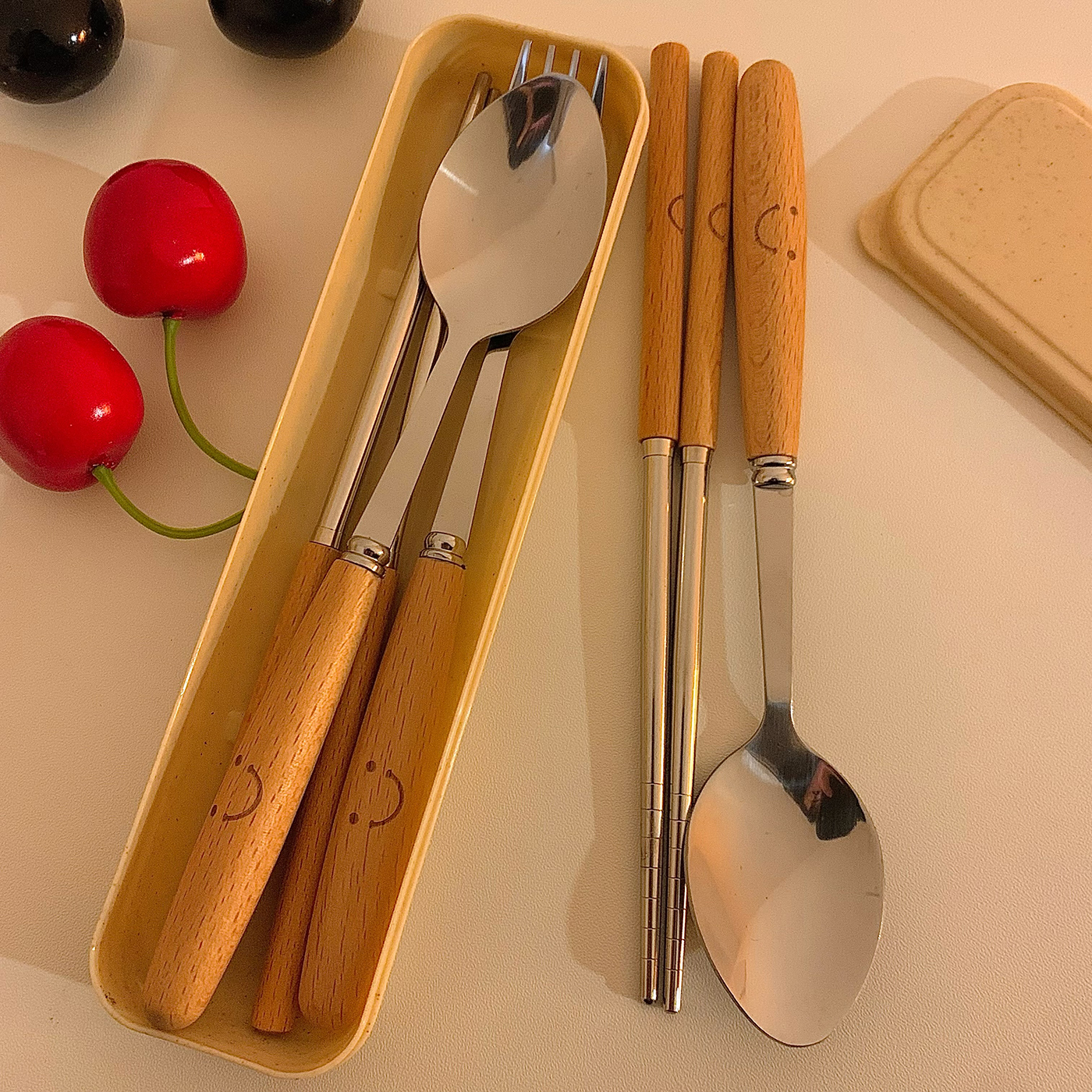 餐具套装木质筷子勺子不锈钢叉子三件套一人用儿童学生便携收纳盒 - 图2