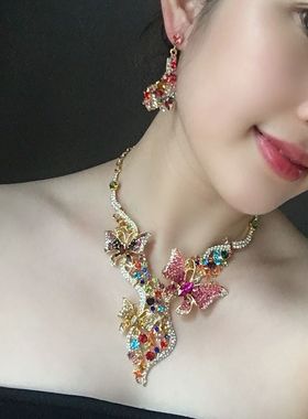 夸张饰品彩色项链水晶宝石花朵蝴蝶短链女礼服晚安个性配饰锁骨链