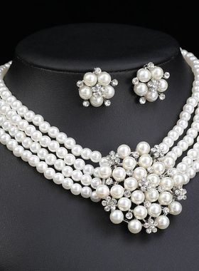 新款珍珠幸福花朵结婚项链耳环首饰套装新娘婚庆配饰装饰女式晚宴