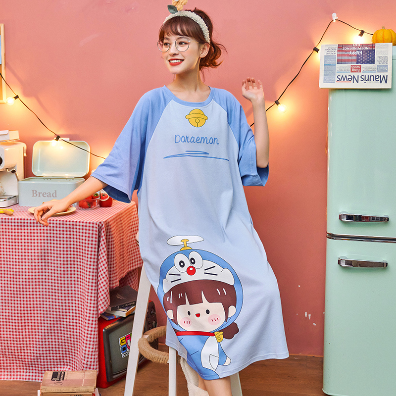 lrx浪如心旗舰店纯棉睡裙女夏季短袖薄款韩版春秋全棉孕妇胖mm大码宽松睡衣夏天1