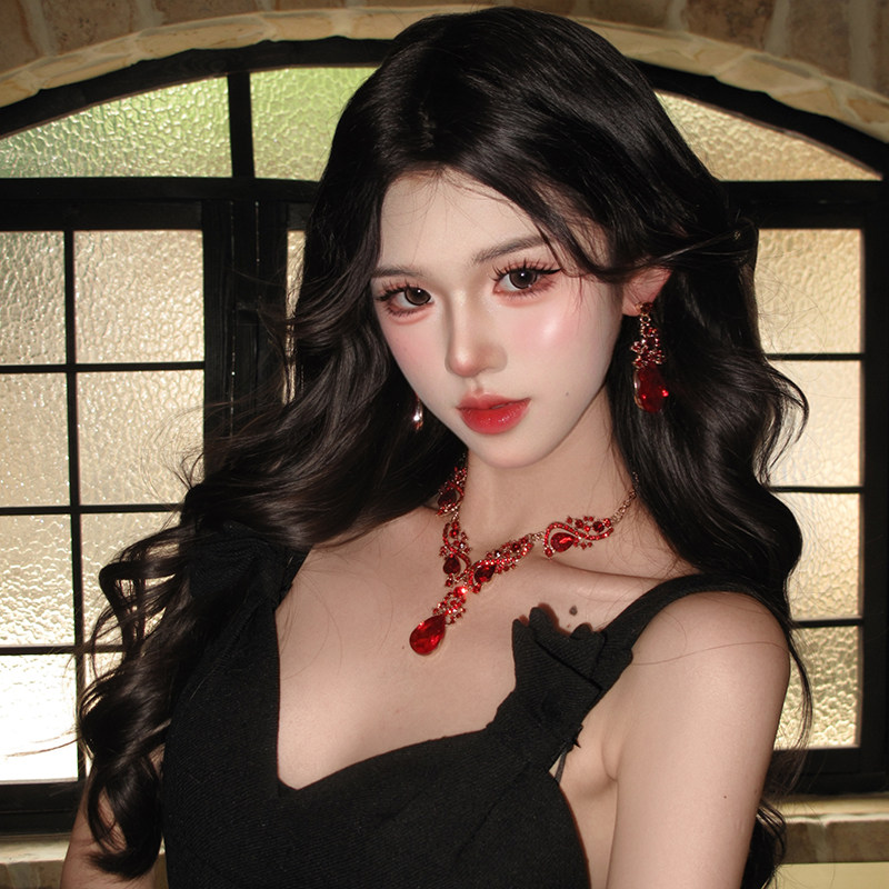 欧美重工红色满钻花纹水滴项链耳环套装女夸张设计感精致锁骨链,淘宝优惠券,粉丝福利购,淘宝优惠卷