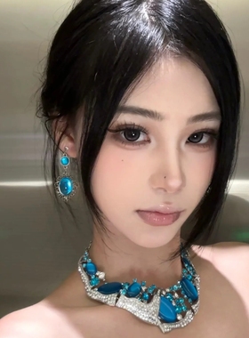 清冷感重工蓝色皓石闪钻项链女