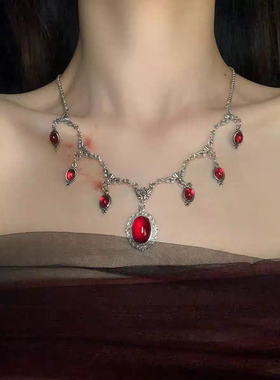 吸血鬼哥特风红色水滴项链女