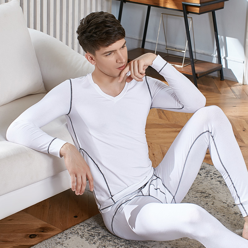 韩彩2023新款秋衣秋裤男套装薄款莫代尔V领男士保暖内衣打底衫