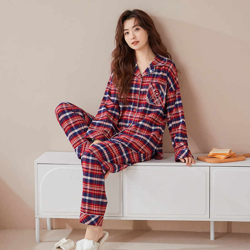 韩彩情侣睡衣春秋款纯棉红色新婚结婚男女士格子家居服套装本命年