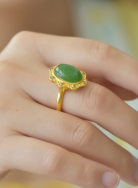 真品和田玉碧玉925银镶嵌蛋面珐琅戒指菠菜绿玉石女戒指玉器指环