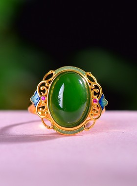 真品和田玉碧玉S925银镶嵌蛋面珐琅戒指女士菠菜绿玉戒指玉石玉器