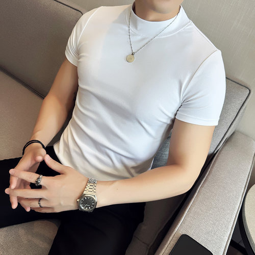 男士纯棉短袖T恤内搭潮流紧身半高领贴身打底衫紧身弹力中领半袖 - 图3