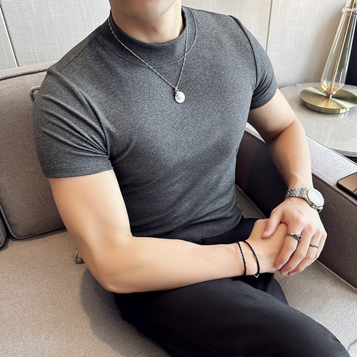 男士纯棉短袖T恤内搭潮流紧身半高领贴身打底衫紧身弹力中领半袖 - 图2