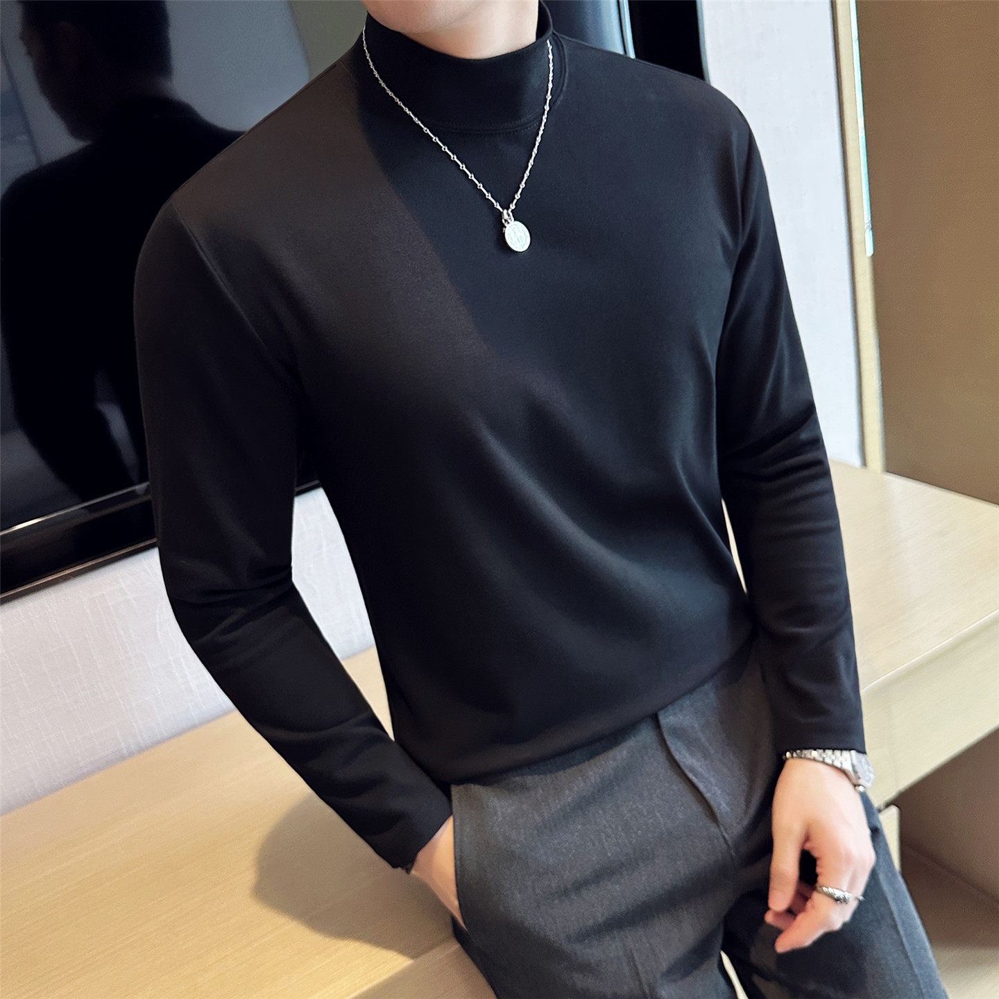 秋冬季半高领打底衫加厚保暖纯白色棉长袖t恤男士西装内搭中领潮,淘宝优惠券,粉丝福利购,淘宝优惠卷
